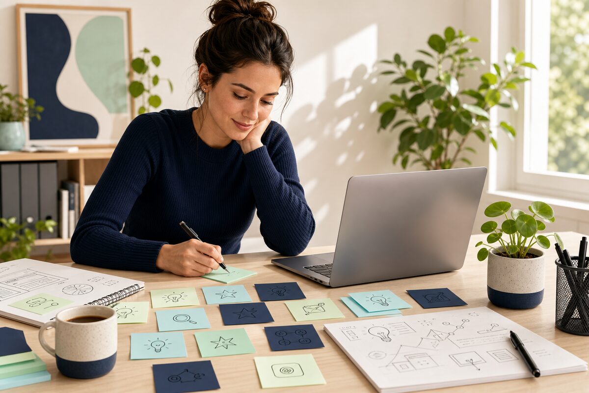 A person brainstorming website names with sticky notes and laptop